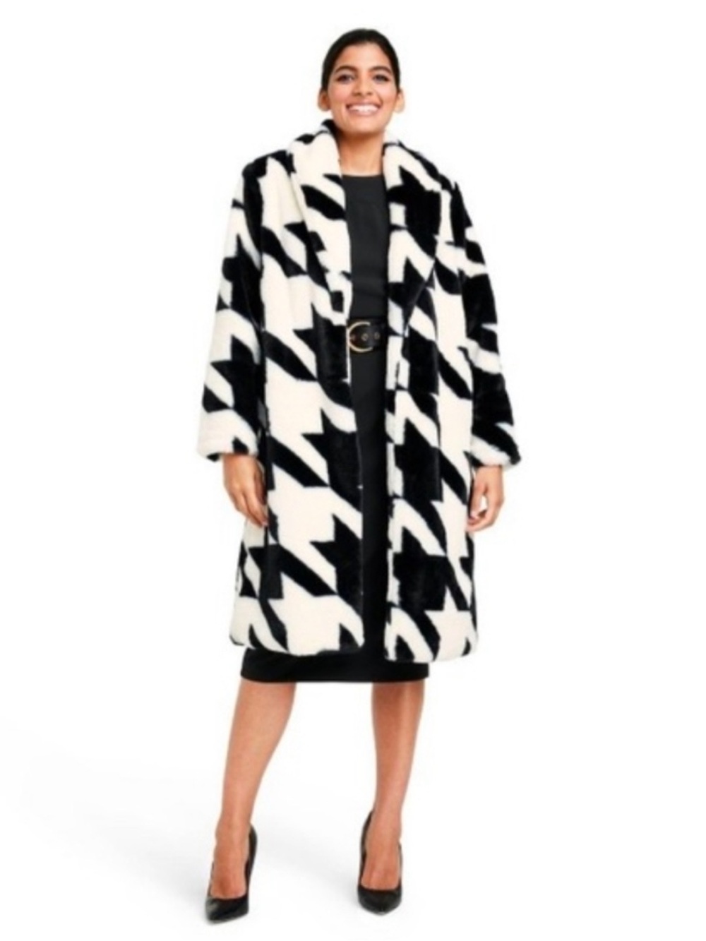 Sergio Hudson x Target Black White Houndstooth Fur Coat Sz 2X